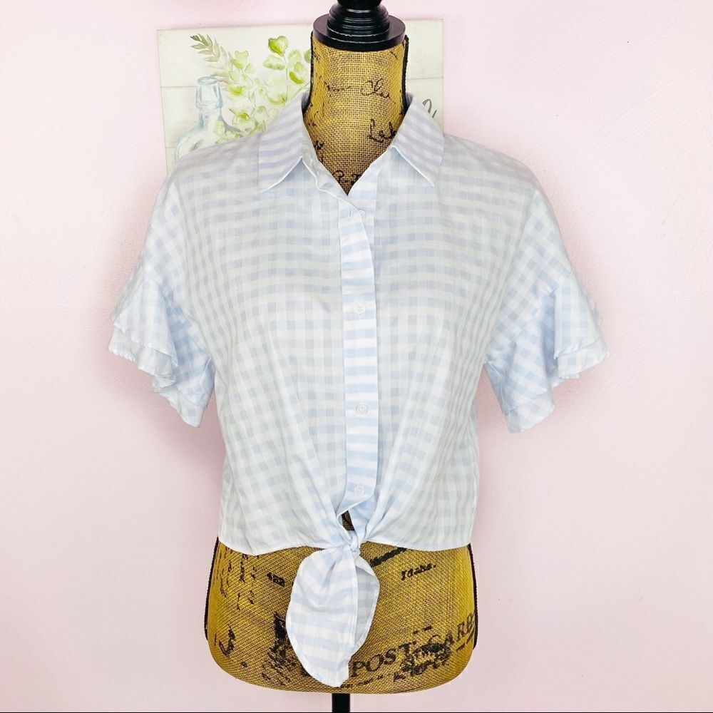 Cupcakes & Cashmere Sunnie Gingham Check Ruffle Sleeve Top Blue White Small